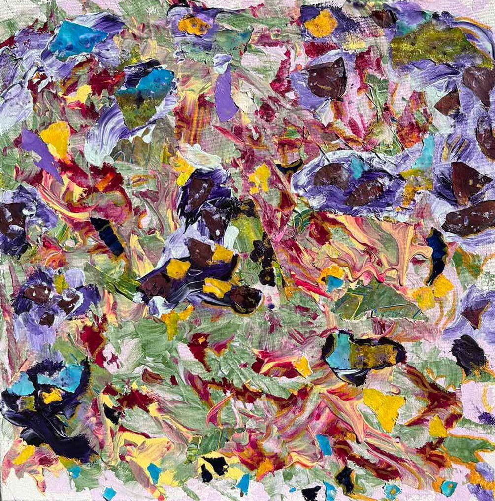 Aleksandra Durman 'Arrows Frog Tongue' (Acrylics, Paper & Rose Petals on Canvas 40 x 40 cm) 2023