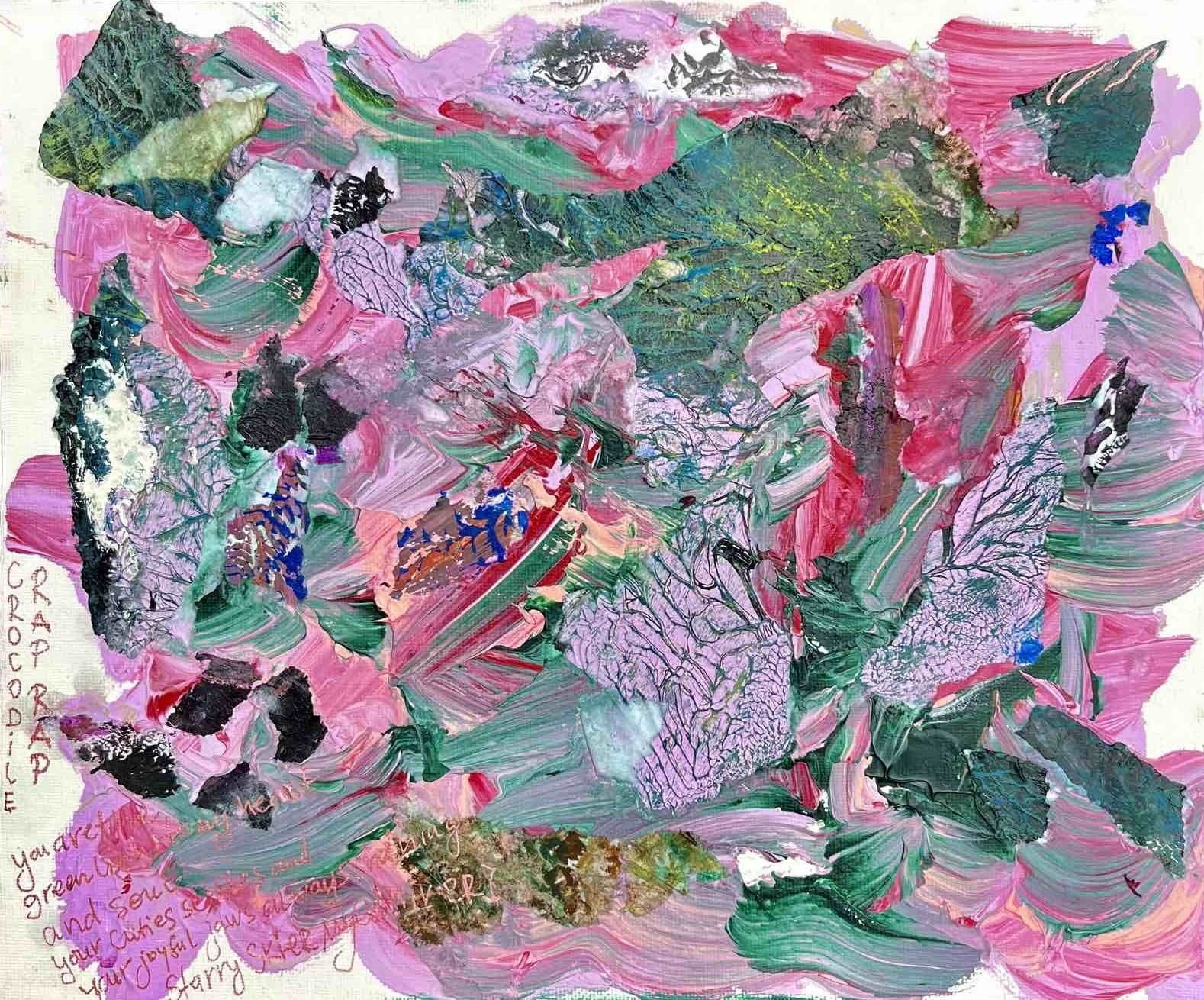 Aleksandra Durman 'Crocodile Rap Rap Rap' (Acrylics on Canvas, Paper, Stream Water & Mud 30 x 30 cm) 2023